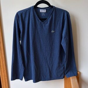 Lacoste Men's Soft Pima Cotton V Neck T-Shirt Denim Blue Long Sleeve Sz 3 Small